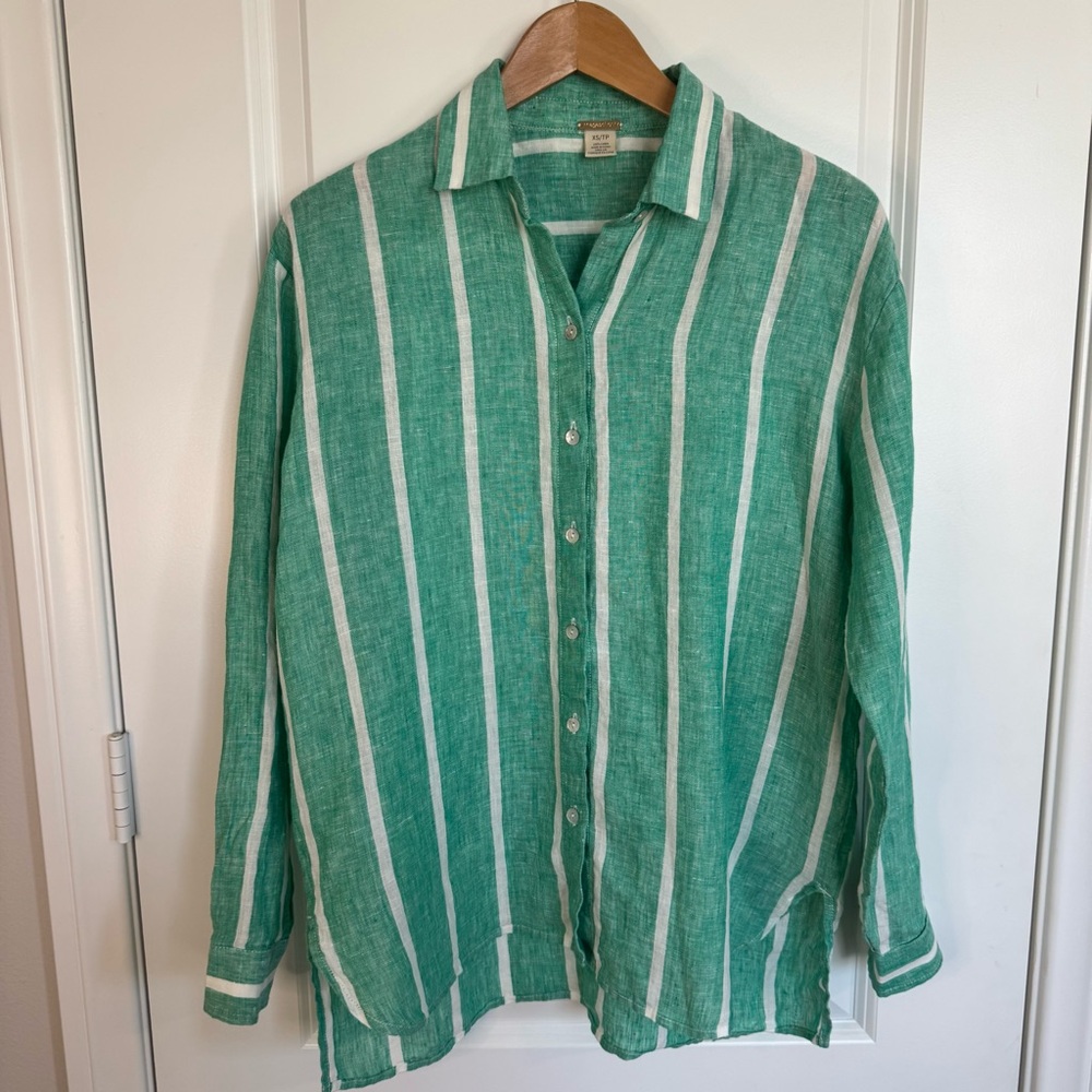 Magaschoni Green and White Striped Linen Button Down Shirt XS